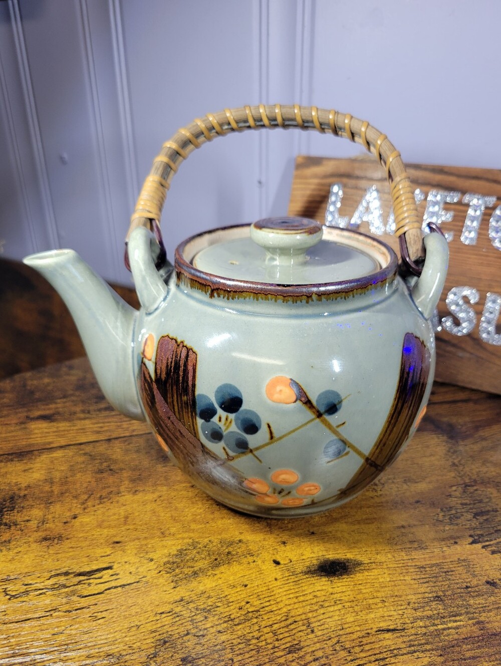 Vintage Hand-Painted Stoneware Teapot in greyish blue with Bamboo Handle